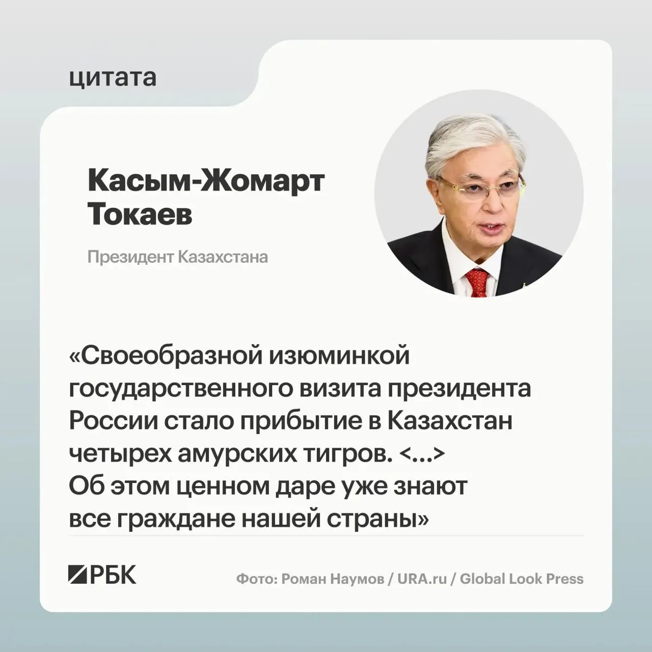 По просьбе Казахстана Москва передала республике семейную пару амурских тигров; президентам обеих стран показали презентацию о новых животных.
